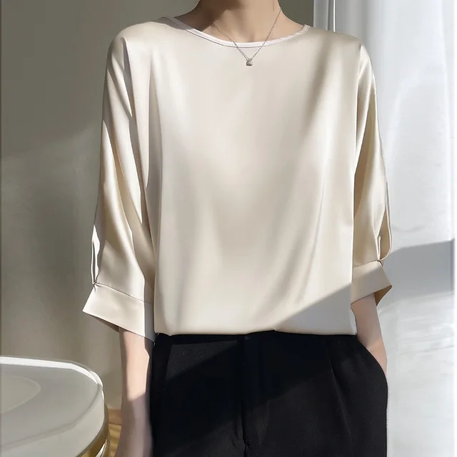 Women's Round Neck Mulberry Silk Loose Satin Cropped Ice Silk Short Sleeve T shirt Top Champagne - Shop at LoveMi