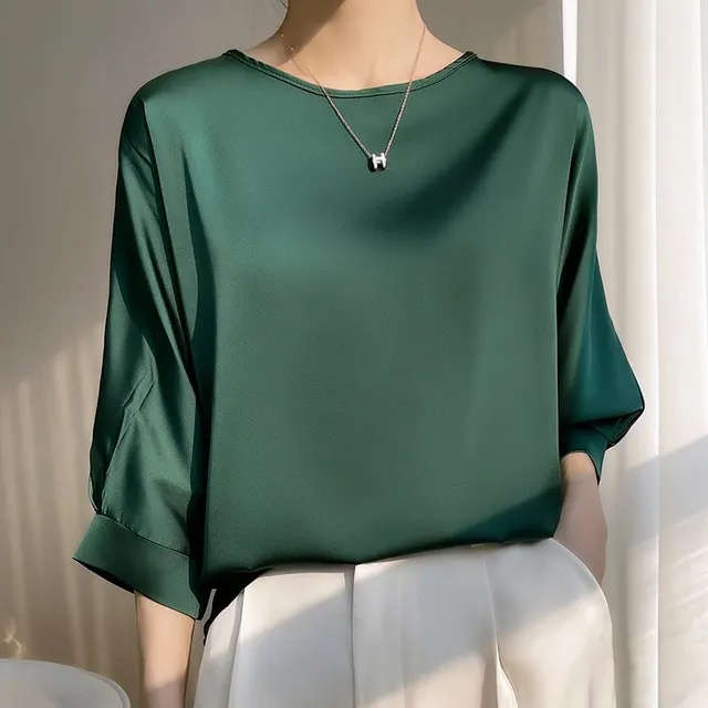 Women's Round Neck Mulberry Silk Loose Satin Cropped Ice Silk Short Sleeve T shirt Top Dark Green - Shop at LoveMi