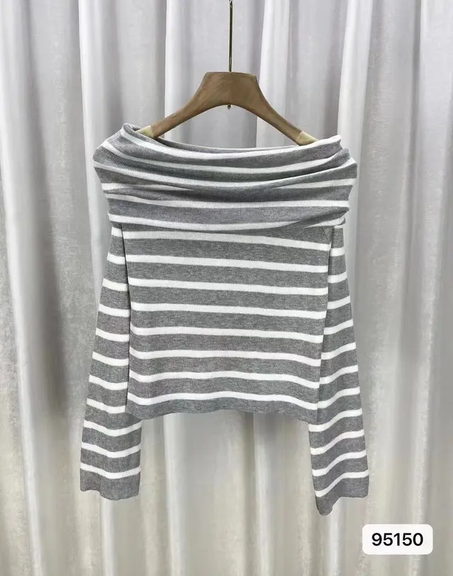 Autumn New Off shoulder Striped Sweater Gray - Shop at LoveMi