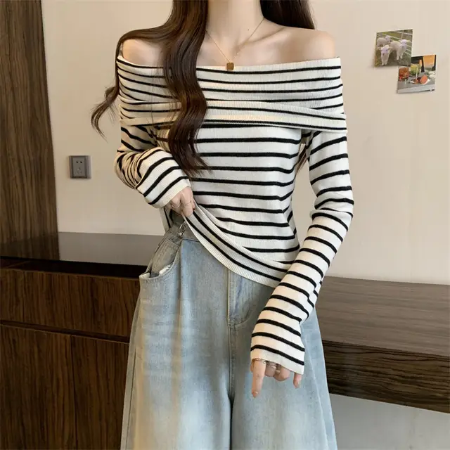 Autumn New Off shoulder Striped Sweater White - Shop at LoveMi