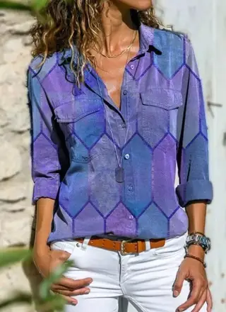 European And American Autumn And Winter New Printed Casual Polo Collar Long Sleeve Pocket Shirt - Blue
