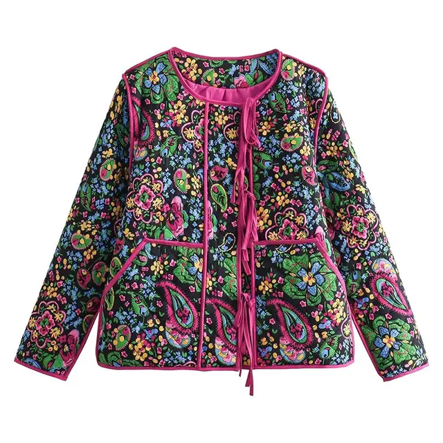 Lace up Flower Pattern Print Cotton padded Jacket Purple - Shop at LoveMi