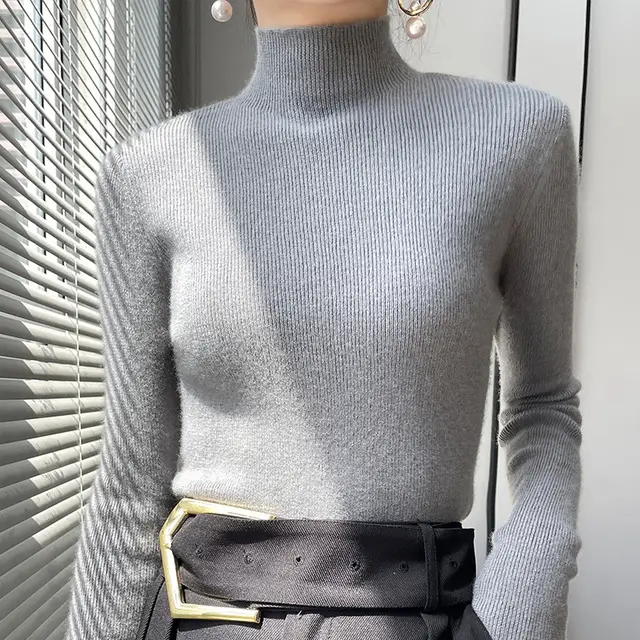 Warm Long Sleeves Knitted Half Turtleneck Women's Base Shirt Elephant Gray - Shop at LoveMi