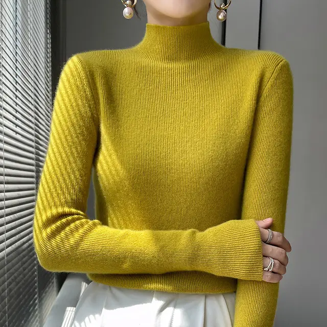 Warm Long Sleeves Knitted Half Turtleneck Women's Base Shirt Mustard Yellow - Shop at LoveMi