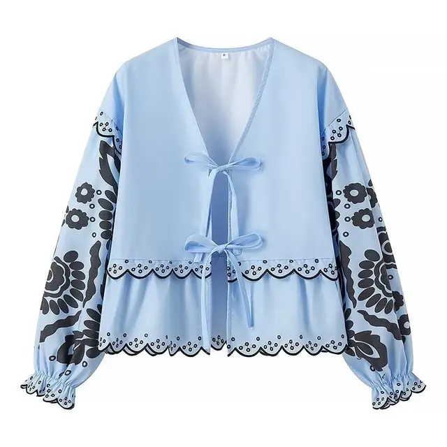 French Fashion Vintage Embroidered Flared Long Sleeve Lace up Shirt Blue - Shop at LoveMi