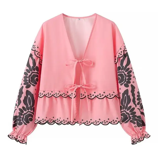 French Fashion Vintage Embroidered Flared Long Sleeve Lace up Shirt Pink - Shop at LoveMi