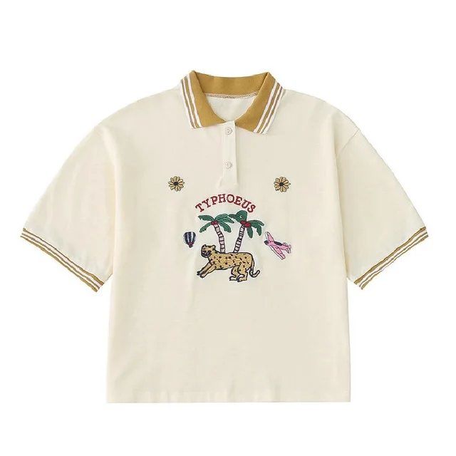 Hand painted Illustration Embroidery Contrast Color Lapel Retro Short T shirt Polo Shirt Milky Yellow - Shop at LoveMi