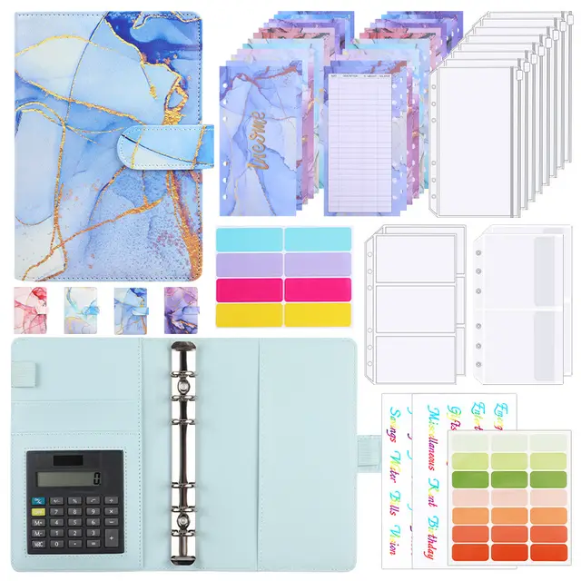 A6 Loose leaf Binder Journal Book Notebook Leather PU 6 Hole Loose Spiral Calculator Blue Gift Bag - Shop at LoveMi