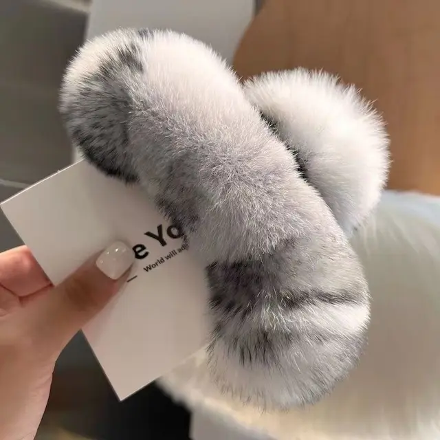 Real Rex Rabbit Hair New Cute Plush Headdress Hair Claw Silver Gray - Shop at LoveMi