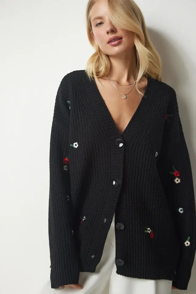 Embroidered Knitted Cardigan Women's Casual Loose Black - Shop at LoveMi