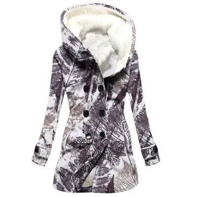 Women's Windbreaker Winter Thickened Imitation Lamb Stitching Floral Hooded Yxs27 - Shop at LoveMi