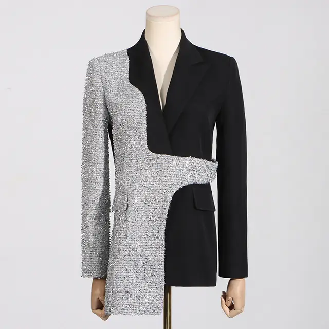 Contrast Color Woolen Patchwork Slim fit Long sleeved Small Suit Jacket Black - Shop at LoveMi