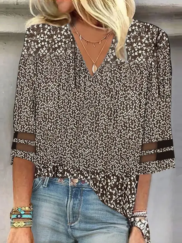Women's V neck Floral Three quarter Sleeve Casual T shirt Top Khaki - Shop at LoveMi