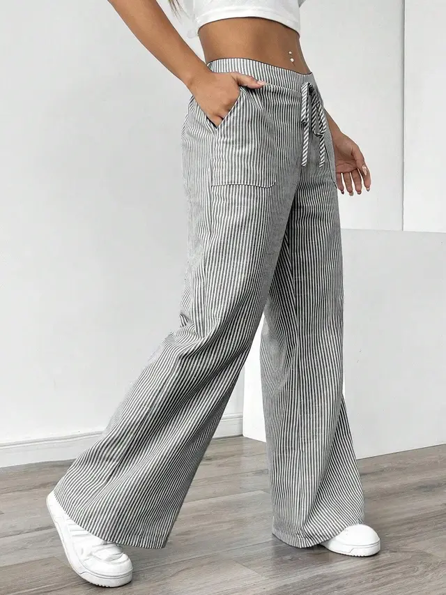 New Striped Trousers With Pockets Casual Versatile Loose Wide Leg Pants Women's Clothing Gray - Shop at LoveMi