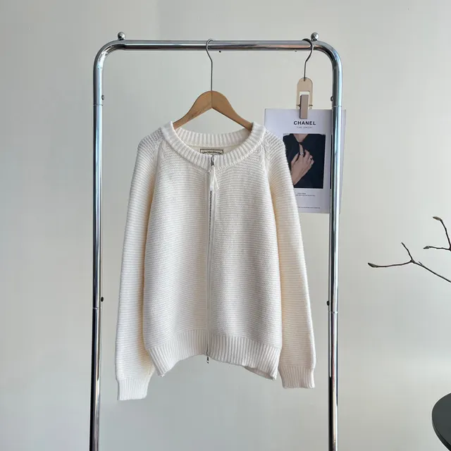 Sweater Double Zipper Sweater For Women Loose And Lazy Style Crew Neck Coat White - Shop at LoveMi