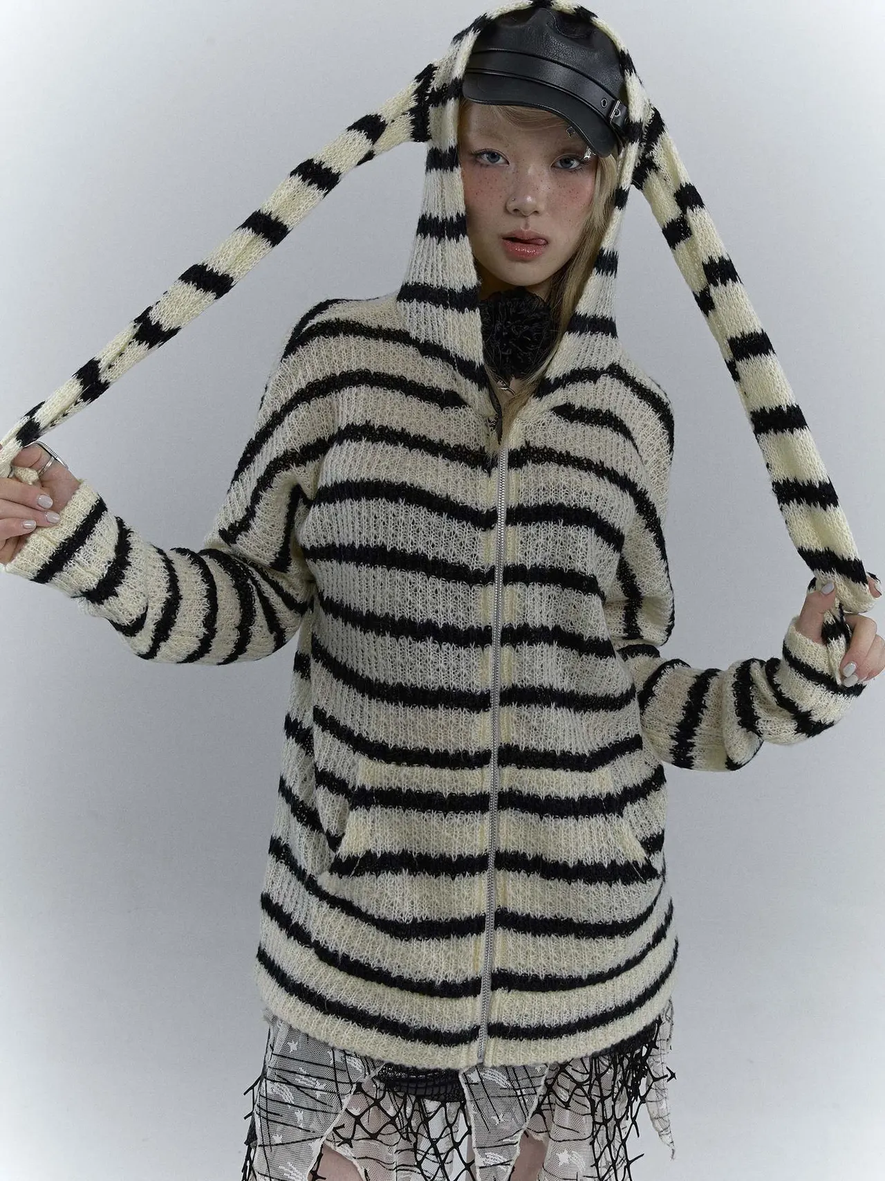 Autumn New Cute Rabbit Ear Hooded Striped Loose Casual Knitted Coat - Black And White Stripes