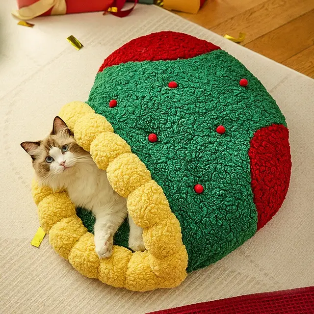 Cat Nest Winter Warm Semi closed Christmas Style Deep Sleep Cat Diamond Tunnel Quilt Cat Christmas Socks Cat Nest - Shop at LoveMi