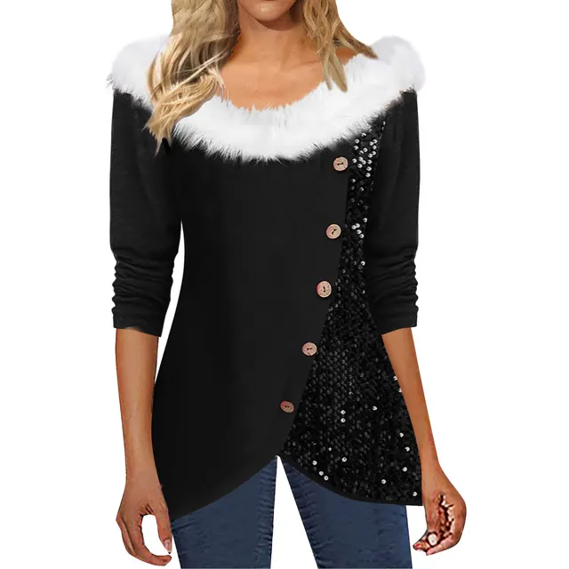 New Scoop Off shoulder Fur Collar Sequined Long Sleeve Top Black - Shop at LoveMi