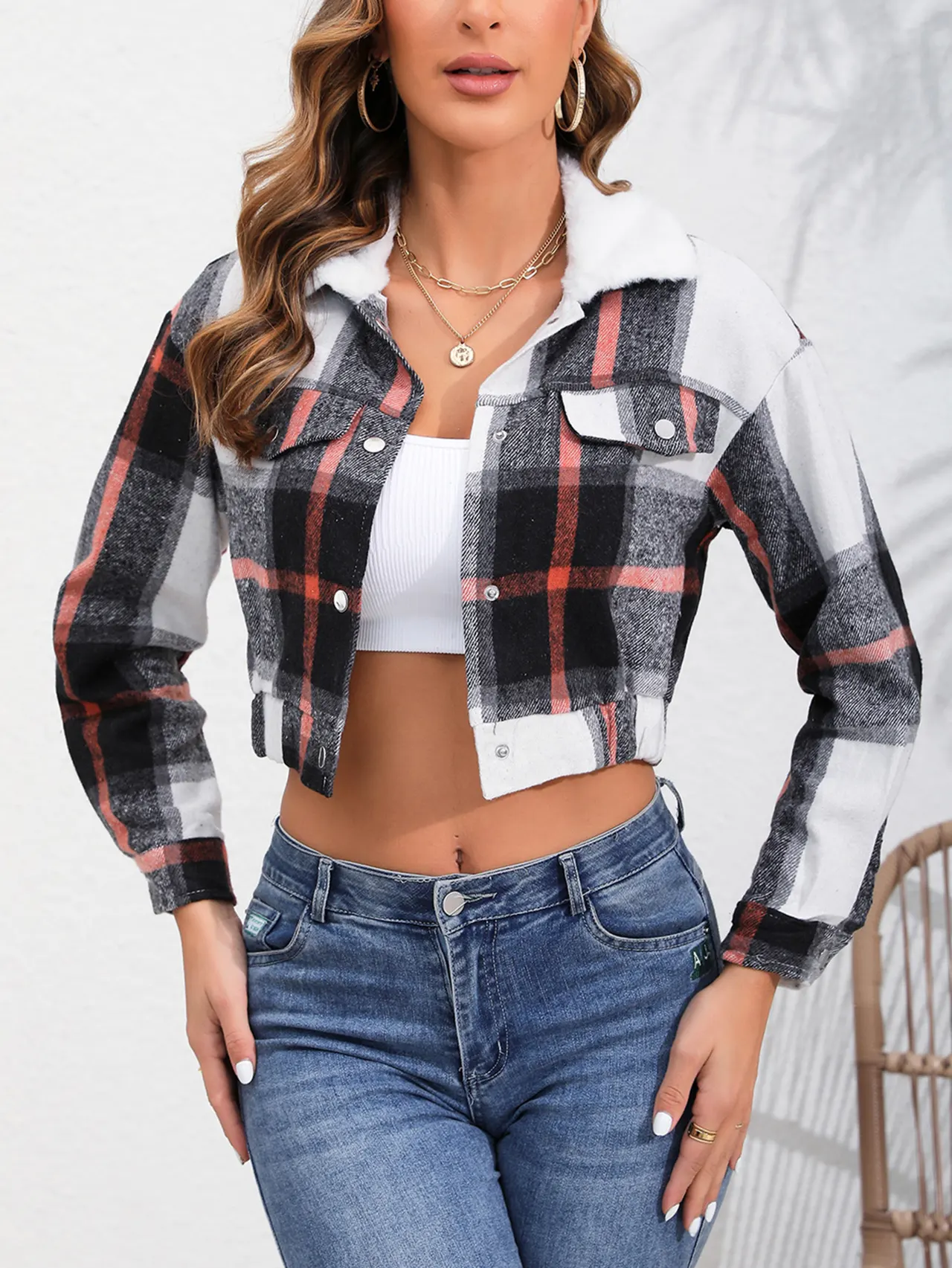 New Fast Fashion All-match Plaid Long Sleeve Short Top - Black Orange - View 1