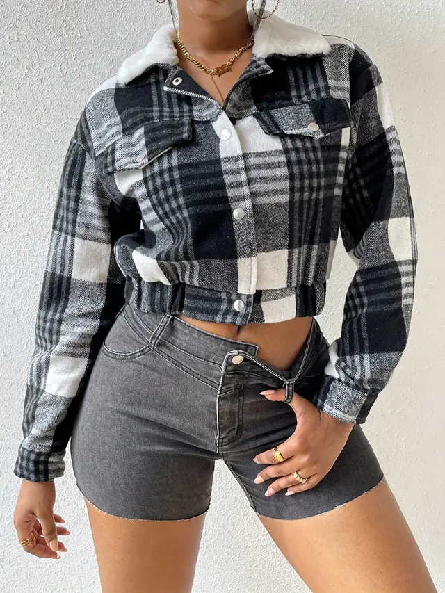 New Fast Fashion All match Plaid Long Sleeve Short Top Black - Shop at LoveMi