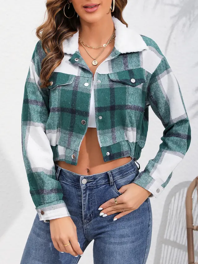 New Fast Fashion All match Plaid Long Sleeve Short Top Green - Shop at LoveMi