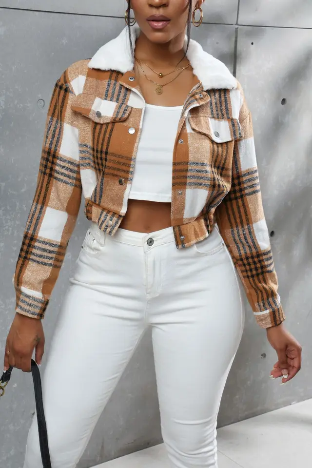 New Fast Fashion All match Plaid Long Sleeve Short Top Yellow - Shop at LoveMi