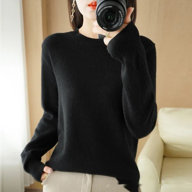 Round Neck Sweater Women's Pullover Sweater Black - Shop at LoveMi