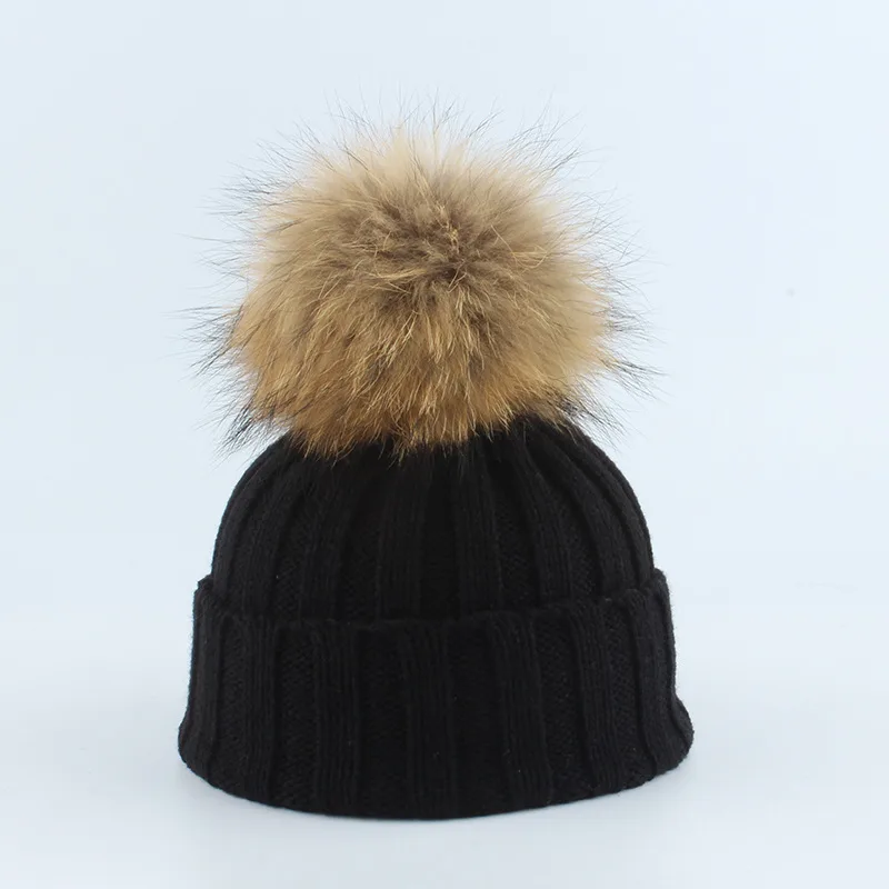 Parent Child Children Raccoon Dog Fur Ball Hat Thermal Knitting Black - Shop at LoveMi