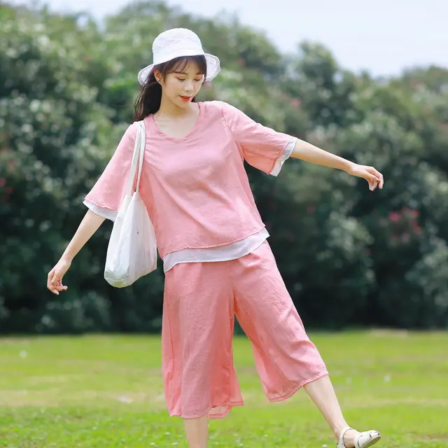 Artistic Double layer Tulle V neck Color block Top Cropped Wide leg Pants Suit Two piece Set Pink - Shop at LoveMi