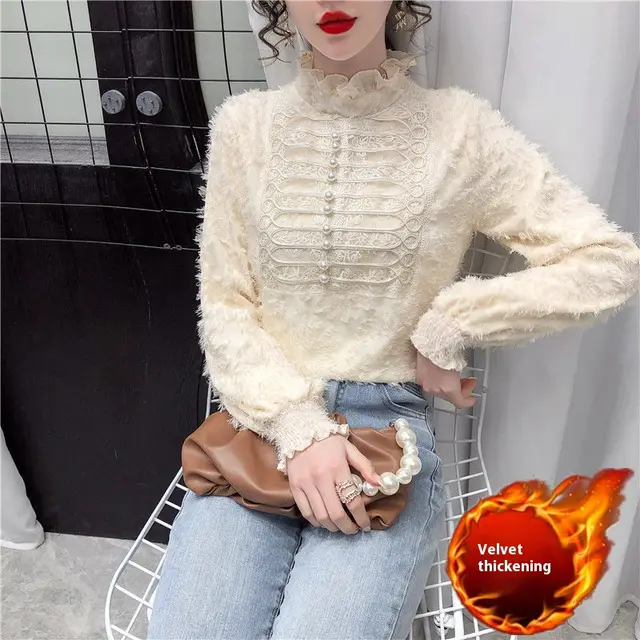 Fleece lined Thickened Half high Collar Lace Bottoming Shirt Beige Plus Velvet - Shop at LoveMi