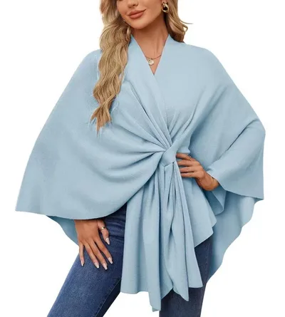 Loose V neck Shawl Cape Fashionable Jacket Light Blue - Shop at LoveMi