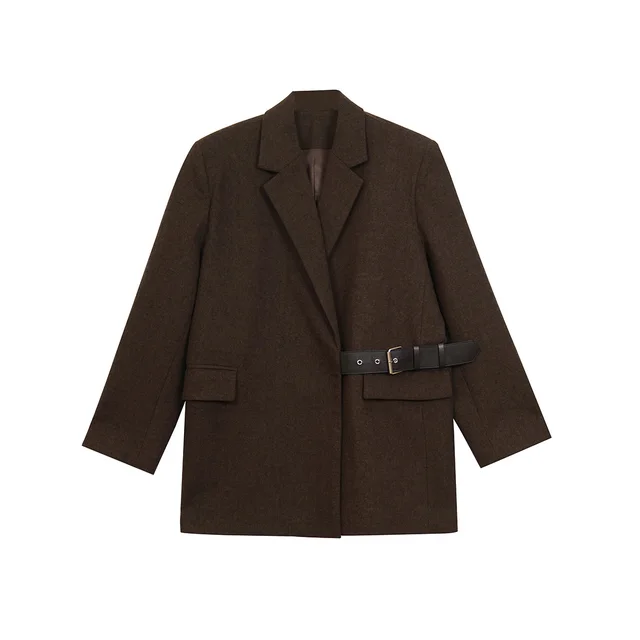 American Style Padded Shoulder Woolen Suit Women's Design Wide Waist tight Suit Jacket Cocoa Brown - Shop at LoveMi