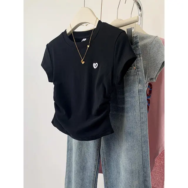Short Sleeve T shirt Female Gray Love Embroidery Black - Shop at LoveMi