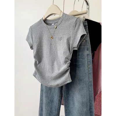 Short Sleeve T shirt Female Gray Love Embroidery Gray - Shop at LoveMi