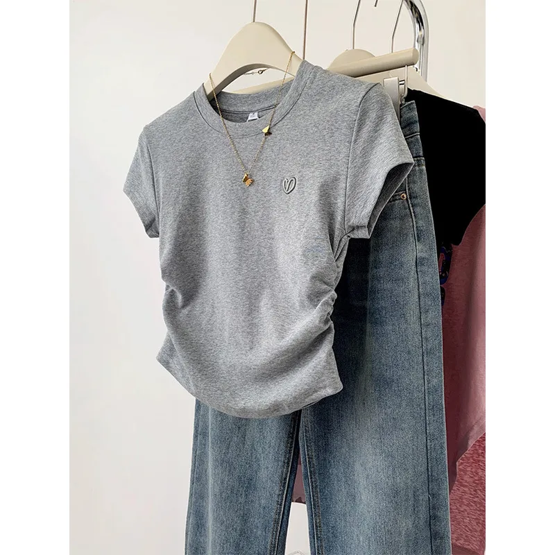 Short Sleeve T-shirt Female Gray Love Embroidery - Gray