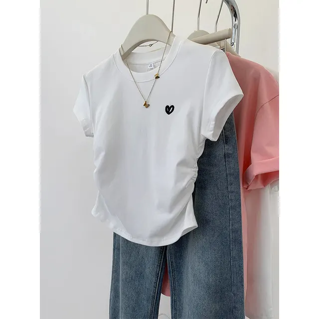 Short Sleeve T shirt Female Gray Love Embroidery White - Shop at LoveMi