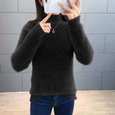 Mink Fur Short Autumn And Winter Half Turtleneck Base Sweater Black - Shop at LoveMi