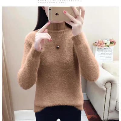 Mink Fur Short Autumn And Winter Half Turtleneck Base Sweater Caramel Color - Shop at LoveMi