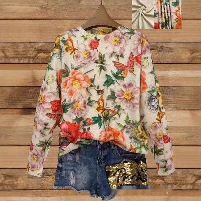 Autumn Thin Printed Round Neck Long Sleeve Knitted Loose Casual Top 3Color - Shop at LoveMi