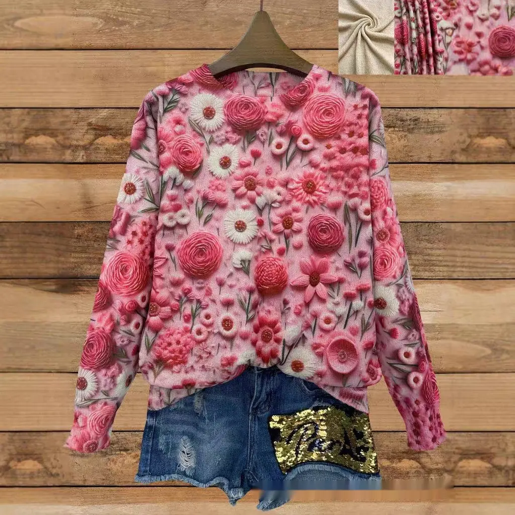 Autumn Thin Printed Round Neck Long Sleeve Knitted Loose Casual Top - 5Color