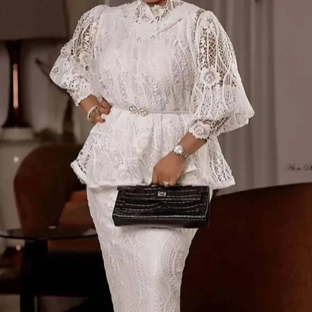 Lace Long sleeved Top Slim Fit Long Dress Women's Suit Skirt White - Shop at LoveMi