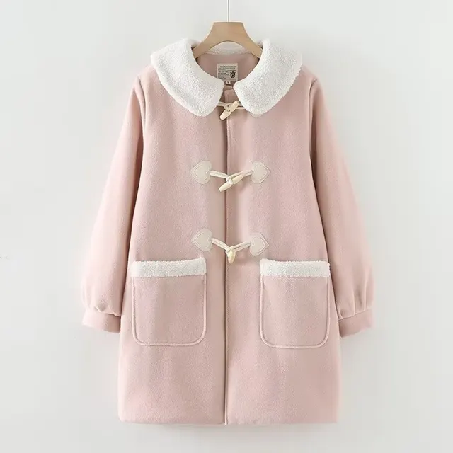 Winter Cashmere Lapel Thickening Quilted Love Wooden Buckle Coat Overcoat Pink - Shop at LoveMi