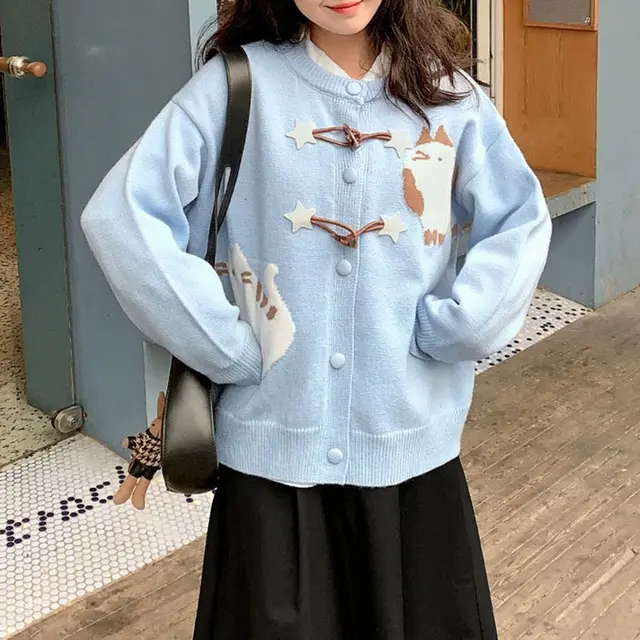 Japanese Style Sweet And Cute Cartoon Jacquard Horn Button Knitted Cardigan Light Blue - Shop at LoveMi