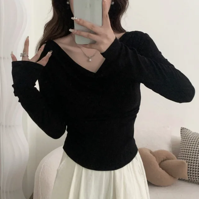 One shoulder Cold shoulder Long sleeved T shirt Women's Early Autumn Off shoulder Top Black - Shop at LoveMi