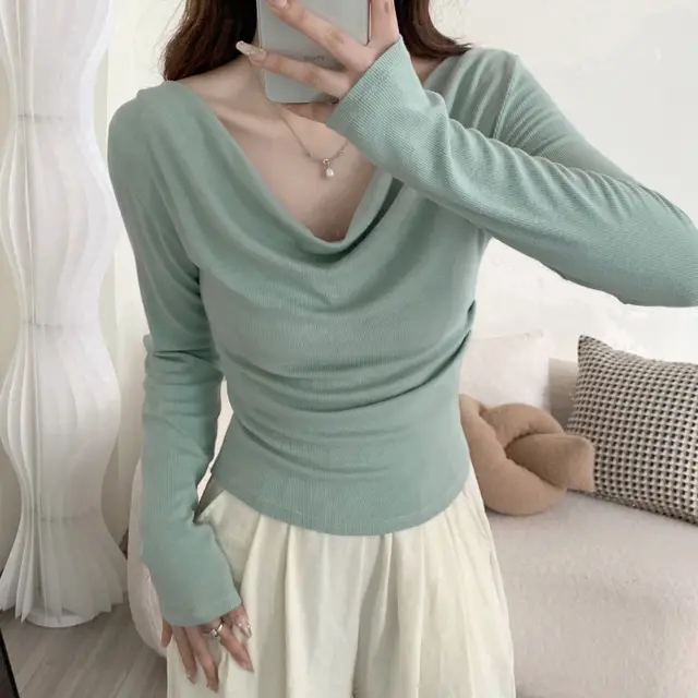 One shoulder Cold shoulder Long sleeved T shirt Women's Early Autumn Off shoulder Top Green - Shop at LoveMi