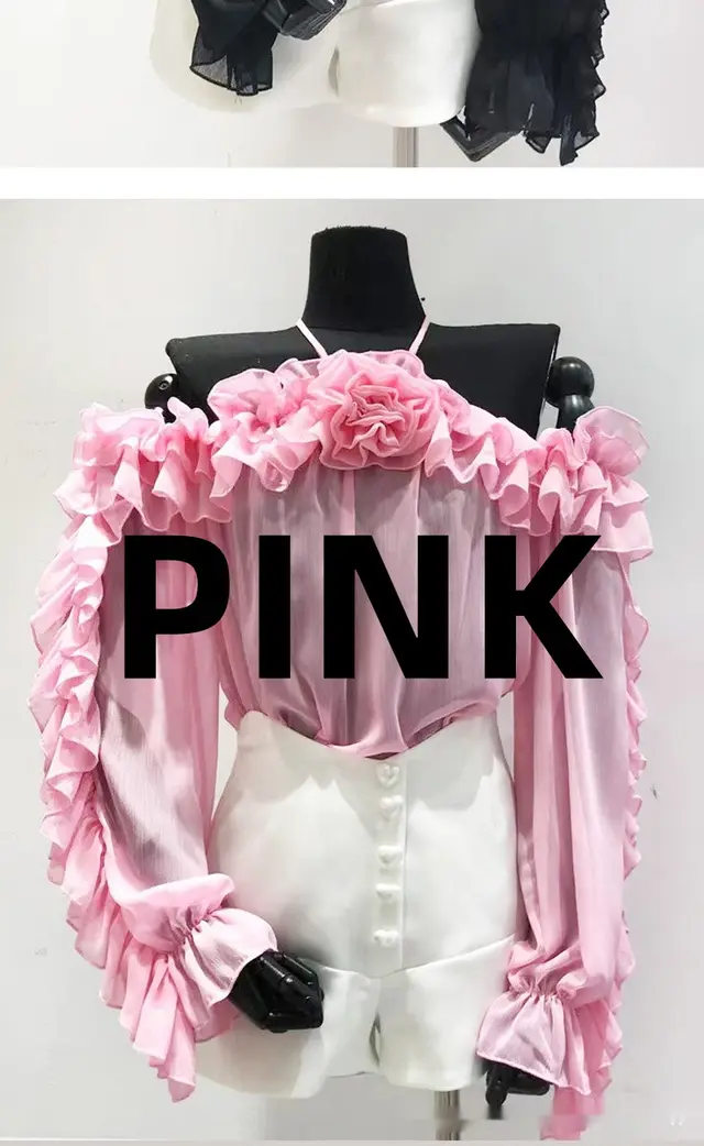 Chiffon Shirt Off shoulder Long Sleeve Top Pink - Shop at LoveMi