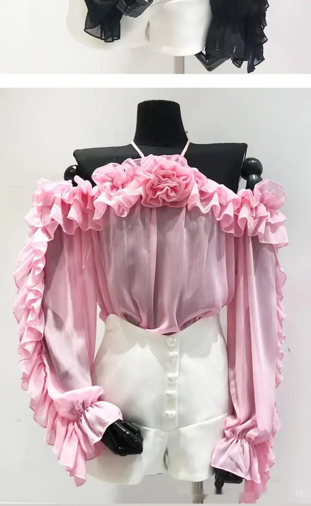 Chiffon Shirt Off shoulder Long Sleeve Top Rose Red - Shop at LoveMi