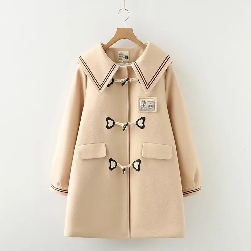 Labeling Chest Embroidered Bear Wooden Buckle Mid length Warm Coat Apricot - Shop at LoveMi