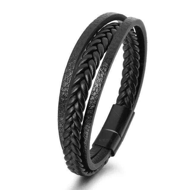 Vintage Leather Rope Braided Bracelet Ethnic Style Magnetic Snap Men's Bracelet Black - Shop at LoveMi