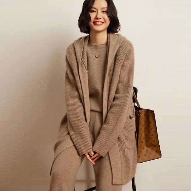 Cashmere Autumn And Winter Loose Hooded Double sided Fashion Casual Knitted Cardigan Coat Coat Purple Cashmere - Shop at LoveMi